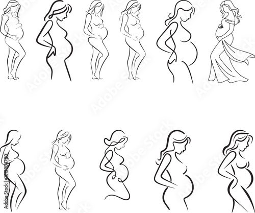 Hand drawn pregnant woman drawing line art illustration set.