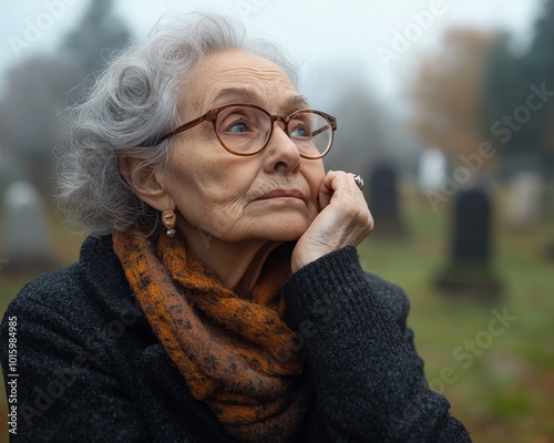 Mature grandmother deep in thought about death, with a cemetery visible in the background, capturing the concept of aging and mortality