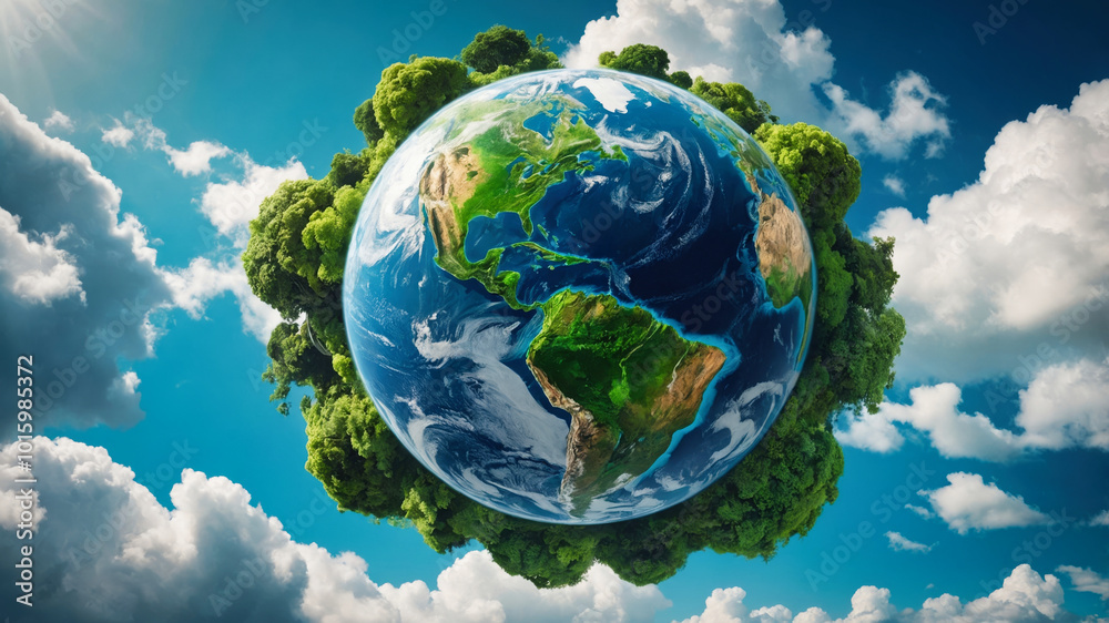 Earth planet with trees and water on it, surrounded by fluffy clouds. Environment and clean planet concept. Earth planet with trees and water on it, surrounded by fluffy clouds. Environment and clean planet concept.