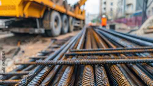 Close-up of Rebar Used in Construction with a Blurred Background of a Construction Vehicle photo