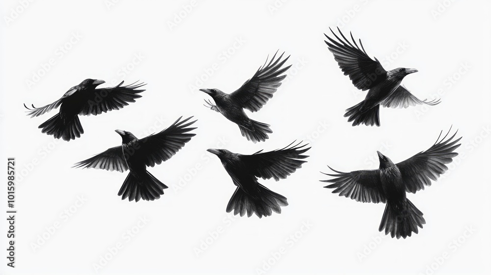 Obraz premium A flock of six black crows in flight, isolated on a white background.