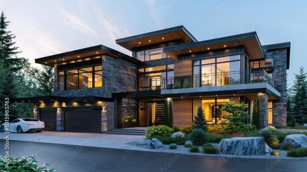 Modern Stone and Wood House with a White Car in the Driveway Modern Stone and Wood House with a White Car in the Driveway