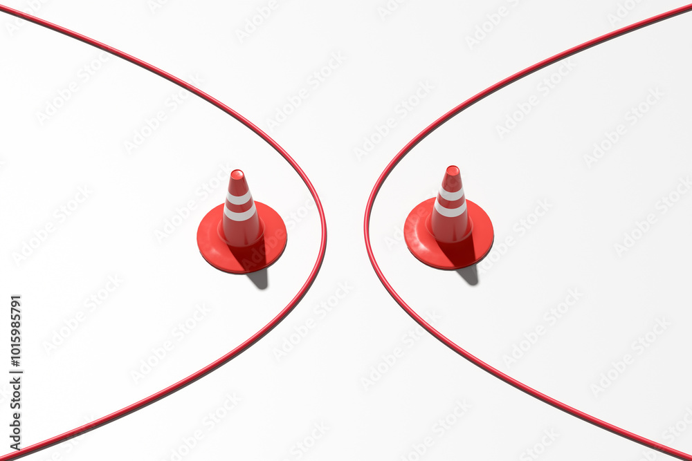 Traffic Cones divided by a red line in two different zones. Traffic Cones divided by a red line in two different zones.
