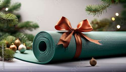 Yoga Mat Rolled with a Bow and Holiday Decor photo