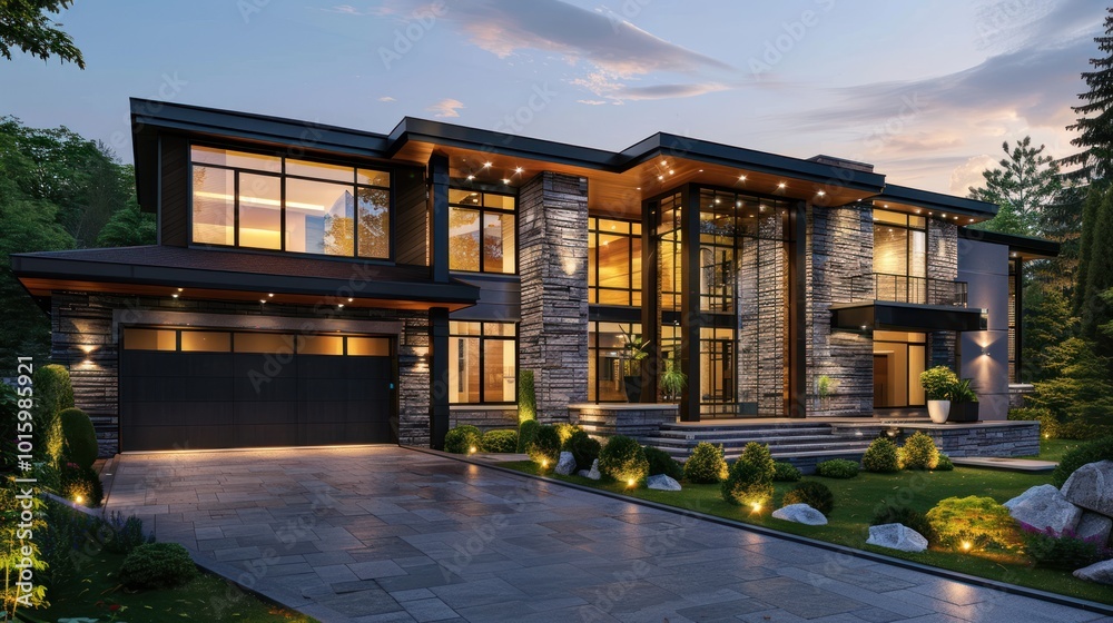 Modern Luxury Home with Stone Facade and Illuminated Landscape Modern Luxury Home with Stone Facade and Illuminated Landscape