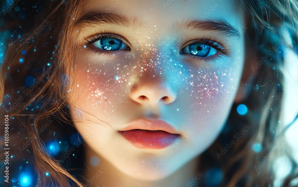 Portrait of a beautiful young girl with a thoughtful expression, reflecting space and galaxies in her eyes, symbolizing the depth of her mental health Portrait of a beautiful young girl with a thoughtful expression, reflecting space and galaxies in her eyes, symbolizing the depth of her mental health