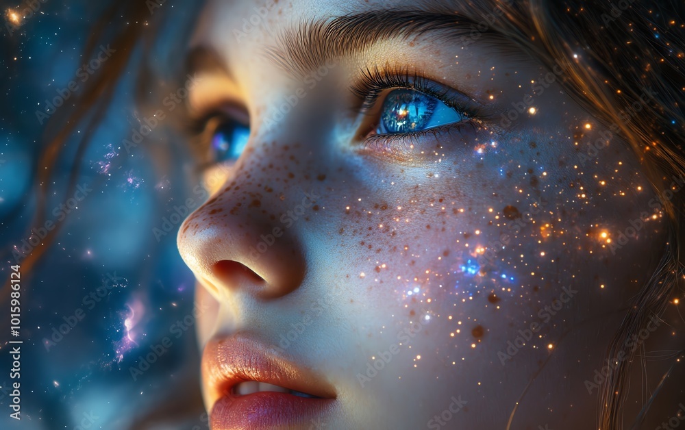 Portrait of a beautiful young girl with a thoughtful expression, reflecting space and galaxies in her eyes, symbolizing the depth of her mental health