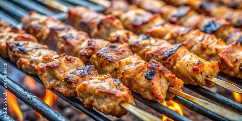 Close-up of pork kebab being fried on the grill, grilling, cooking, barbecue, pork, meat, skewer, delicious, food, outdoor, flame Close-up of pork kebab being fried on the grill, grilling, cooking, barbecue, pork, meat, skewer, delicious, food, outdoor, flame