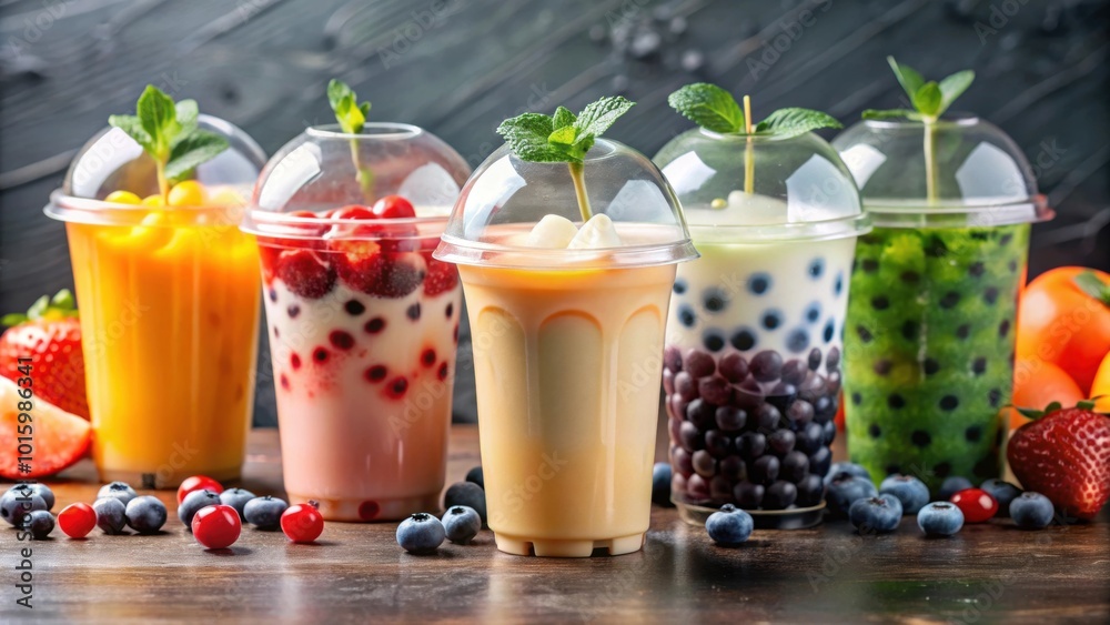 Assorted fruit bubble teas with tapioca pearls and fresh fruit toppings , bubble tea, fruit, assorted, colorful, drink Assorted fruit bubble teas with tapioca pearls and fresh fruit toppings , bubble tea, fruit, assorted, colorful, drink