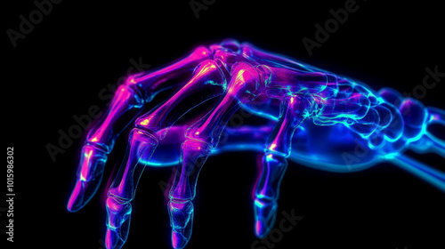 Rheumatoid Arthritis Day. Scan of a sore hand with inflamed joints on a black background. 3D illustration. Rheumatoid arthritis symptom on human joints and bones. Horizontal banner. Copy space