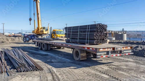 Flatbed Truck Carrying Steel Pipes on a Construction Site