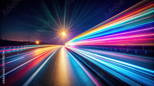 Acceleration speed motion on night road with colorful light and stripes moving fast over dark background, acceleration, speed