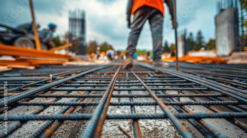 Wallpaper Mural Close-up of Rebar Grid on a Construction Site with a Worker in the Background Torontodigital.ca