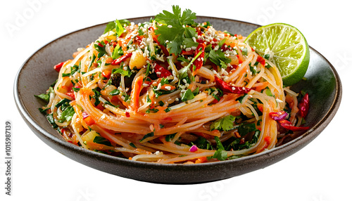 Thai green papaya salad with lime and chili, isolated on a clean transparent background