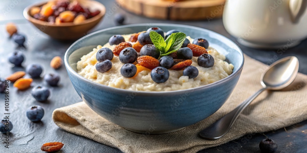 Vegan rice porridge bowl with blueberries and raisins, a delicious and healthy breakfast option, Vegan, rice