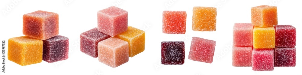 Assorted fruit jelly squares with sugar coating, showcasing vibrant colors and delightful texture. Perfect for sweet treats and desserts Assorted fruit jelly squares with sugar coating, showcasing vibrant colors and delightful texture. Perfect for sweet treats and desserts