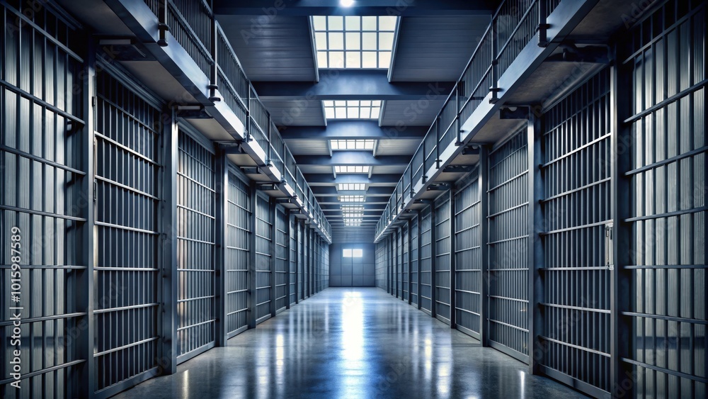 Dark and grim jail corridor with metal bars on cells, prison, corridor, cells, bars, incarceration
