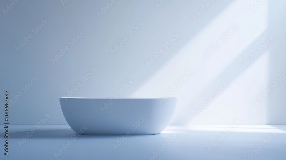 Negative space design featuring a serene white bathtub floating in a calm, minimalistic environment Negative space design featuring a serene white bathtub floating in a calm, minimalistic environment