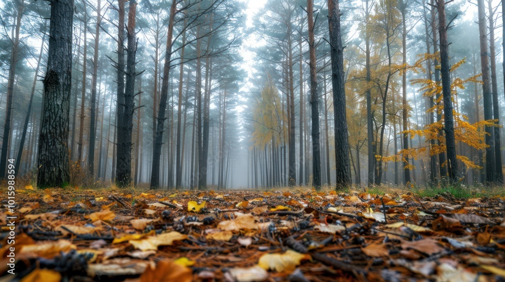 Misty Forest Path with Fallen Autumn Leaves Misty Forest Path with Fallen Autumn Leaves