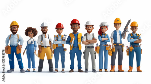 3D Rendered Group of Diverse Construction Workers Posing Together