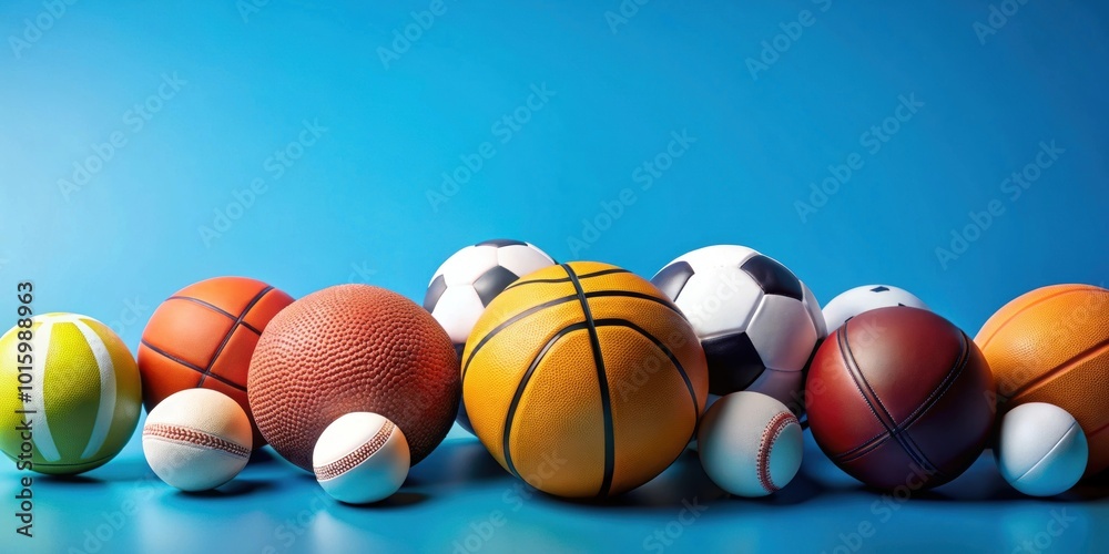 Colorful collection of sports balls on bright blue background, sports, balls, collection, colorful, vibrant, patterns
