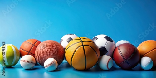 Colorful collection of sports balls on bright blue background, sports, balls, collection, colorful, vibrant, patterns photo