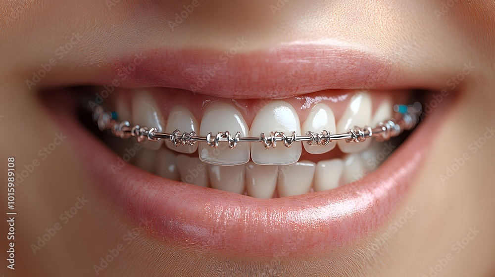 Obraz premium Split-screen image of a smile, one side showing crooked teeth before braces, the other perfectly aligned after 18 months, Realistic Style, Soft Lighting