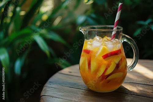 Refreshing peach iced tea in glass pitcher on wooden table photo