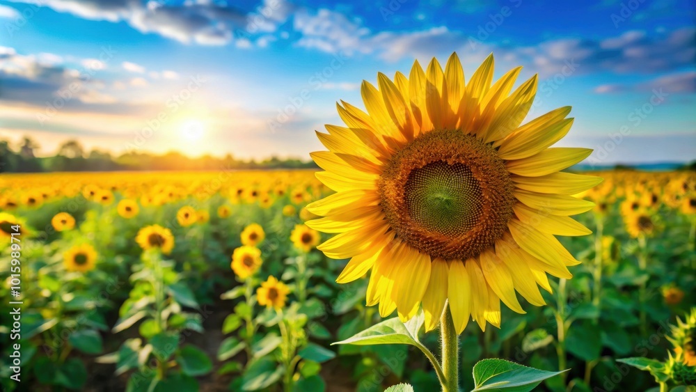 Vibrant sunflower blooming in a field on a sunny day, sunflower, blooming, vibrant, flower, yellow, petals, nature, garden