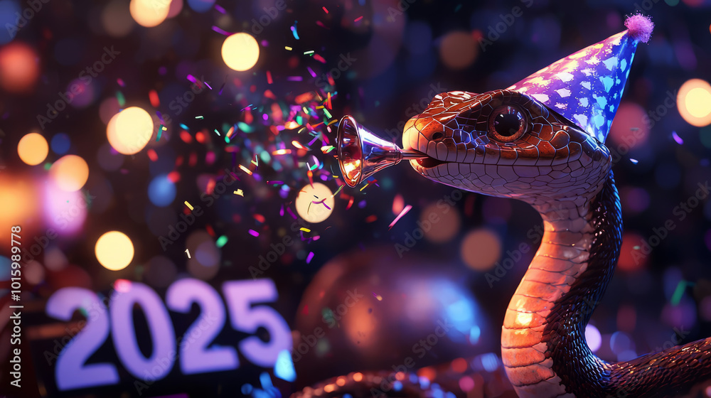 A playful snake wearing a party hat, playfully blowing a New Year's horn, with 2025 confetti bursting around it, bringing a festive mood. A playful snake wearing a party hat, playfully blowing a New Year's horn, with 2025 confetti bursting around it, bringing a festive mood.