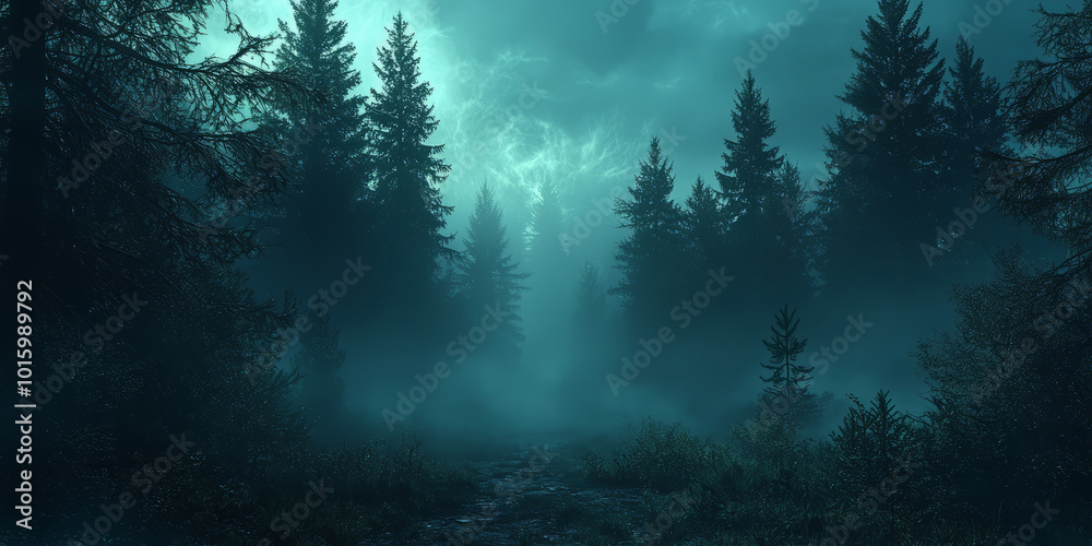 A moody with a low-hanging fog creeping between tall pine trees, creating a mysterious ambiance. A moody with a low-hanging fog creeping between tall pine trees, creating a mysterious ambiance.