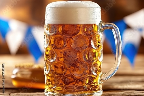 Refreshing beer in glass mug with frothy head on wooden table