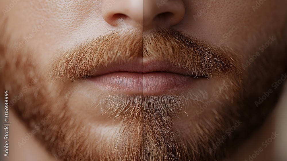 Side-by-side close-up of facial hair removal, shaving stubble vs. waxing results, focusing on skin texture and smoothness, Realistic Digital Art, Natural Lighting Side-by-side close-up of facial hair removal, shaving stubble vs. waxing results, focusing on skin texture and smoothness, Realistic Digital Art, Natural Lighting