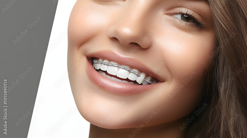 Fototapeta premium Realistic braces case studies with detailed before-and-after teeth alignment photos, in a sleek brochure design, soft shadows and professional typography, Contemporary Style