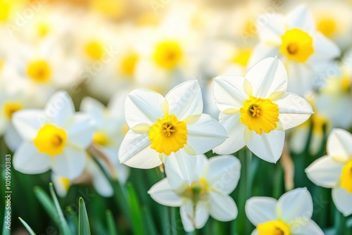 Sunlit daffodil field in spring blossom