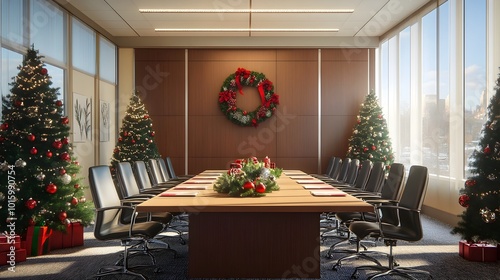 Elegant Christmas Themed Office Conference Room Ready for Holiday Business Presentation
