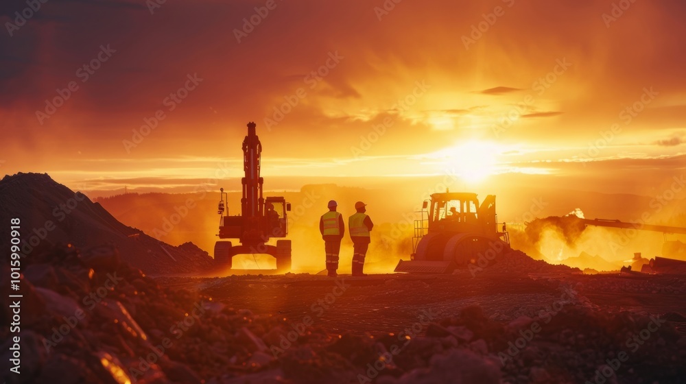 Fototapeta premium Two construction workers stand together against a vibrant sunset, with machinery silhouetted in the warm glow of the evening sky.