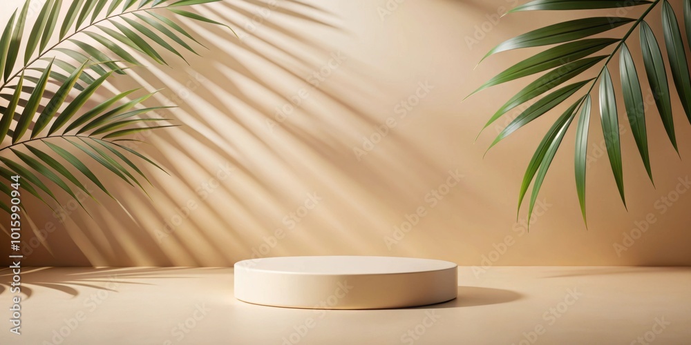 tropical podium on palm leaf shadow with pastel beige backdrop for beauty cosmetics promotion, background, pedestal, podium tropical podium on palm leaf shadow with pastel beige backdrop for beauty cosmetics promotion, background, pedestal, podium