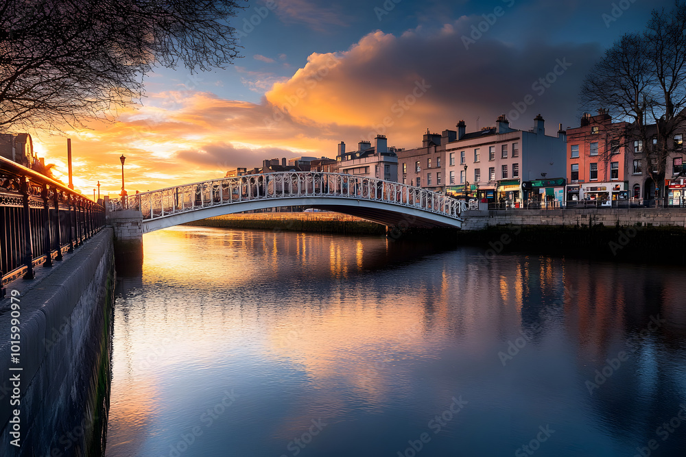 Fototapeta premium Ha'penny Bridge is over river Liffey in sunset, Dublin, Ireland