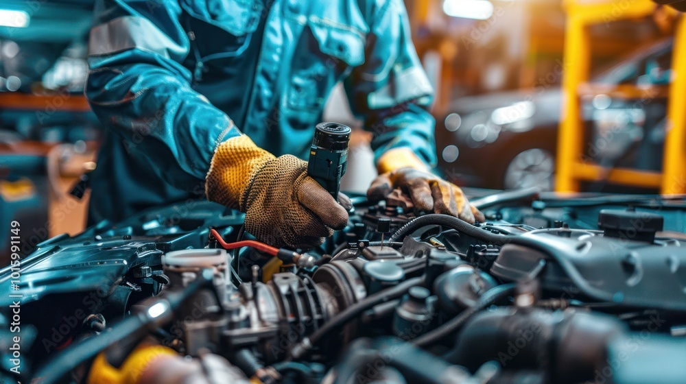 Mechanic working on a car engine in a garage. Mechanic working on a car engine in a garage.