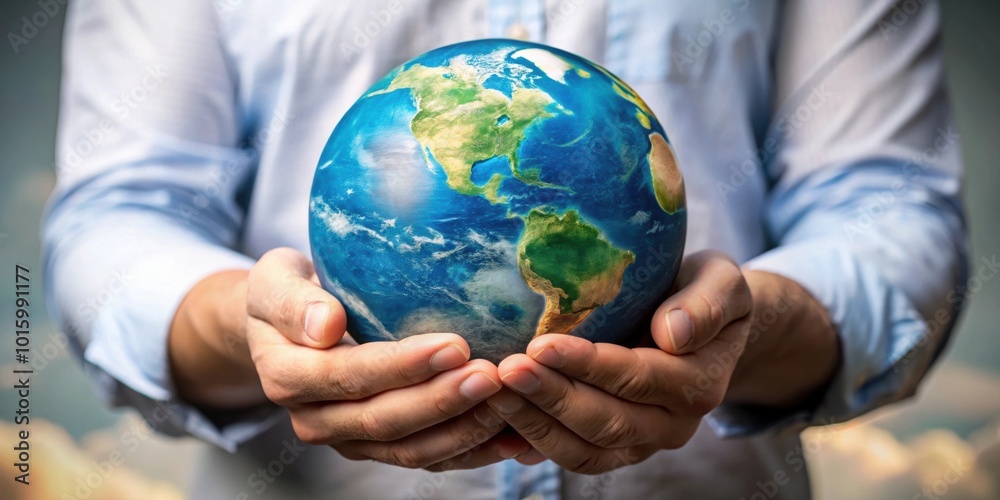 A close-up of a person holding a globe with carbon dioxide emissions visible overhead A close-up of a person holding a globe with carbon dioxide emissions visible overhead