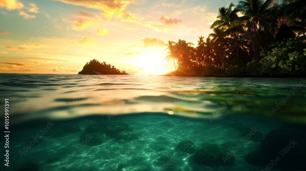 A tropical island surrounded by coral reefs, viewed in vintage postcard style, with warm, nostalgic tones and details of exotic marine life in the clear waters A tropical island surrounded by coral reefs, viewed in vintage postcard style, with warm, nostalgic tones and details of exotic marine life in the clear waters