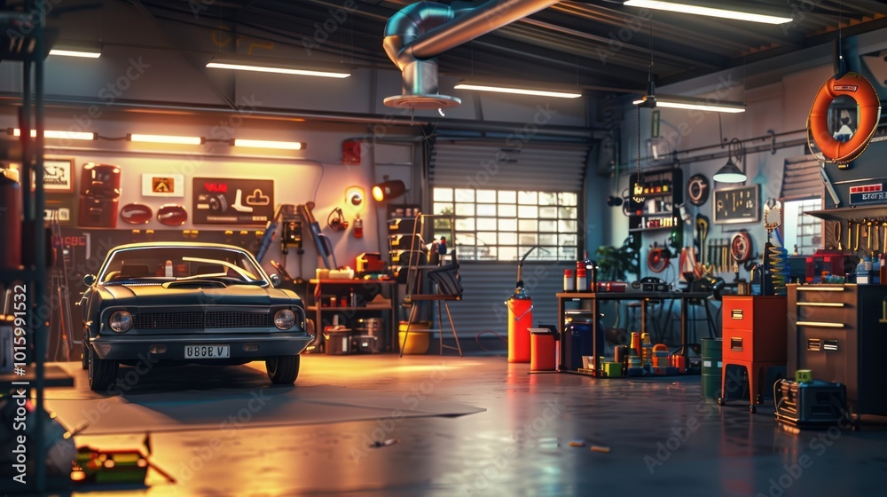 Classic Car Parked in a Well-Equipped Garage Classic Car Parked in a Well-Equipped Garage
