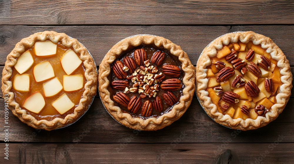 Three Different Flavors of Delicious Pie Rest on a Rustic Wooden Table Three Different Flavors of Delicious Pie Rest on a Rustic Wooden Table