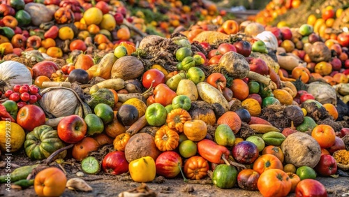 Rotten fruits and vegetables discarded in a farm , spoiled, food waste, rotten, produce, agriculture, market, decay photo