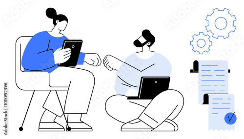 Two individuals using laptops and tablets collaborating on a project. Visible elements include gears and task checklists symbolizing organization, teamwork, and efficiency. Ideal for business