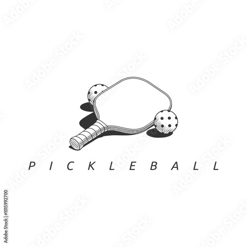Line art pickleball racket with two balls