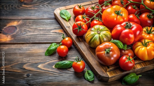 Fresh organic tomatoes on a wooden cutting board , ripe, red, vegetables, healthy, agriculture, farm, cooking, ingredient