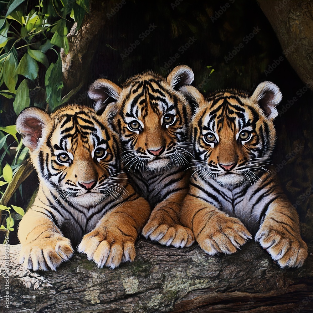 Obraz premium Three Tiger Cubs Resting on a Branch in the Jungle
