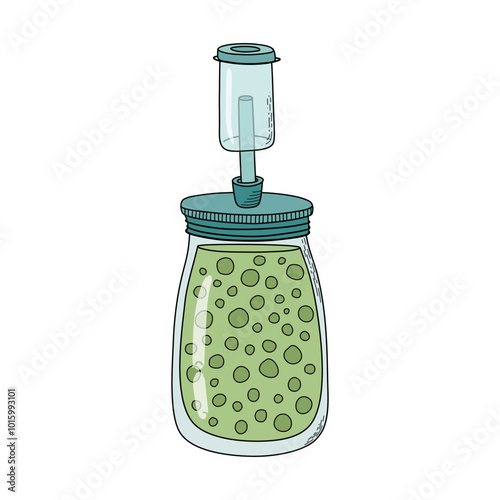 Fermentation step. Pack ingredients into vessel and add liquid. Home canning concept. Hand drawn doodle style vector illustration.
